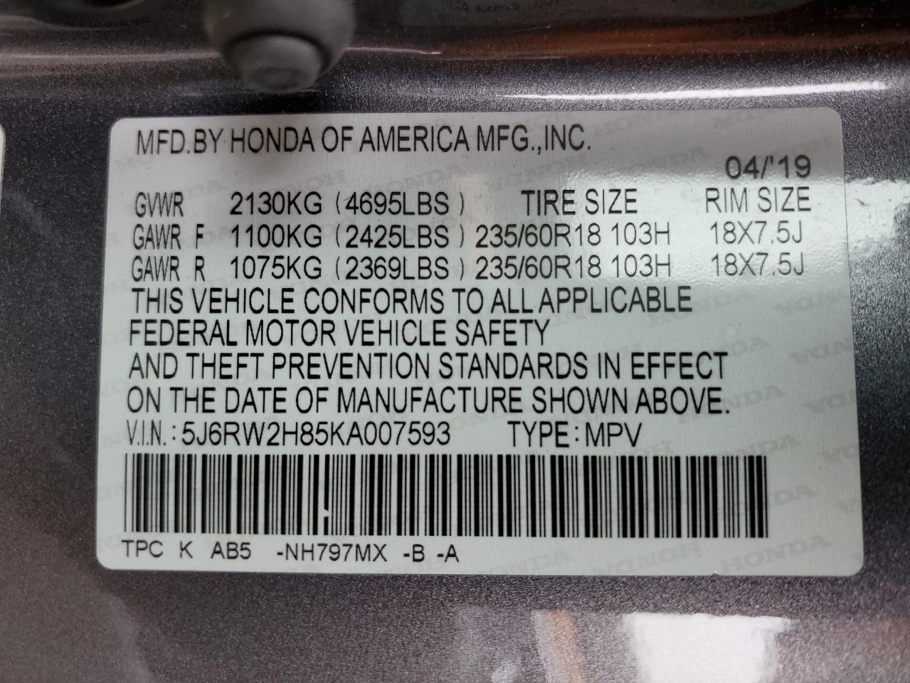 007593 2019 Honda Cr-V Exl