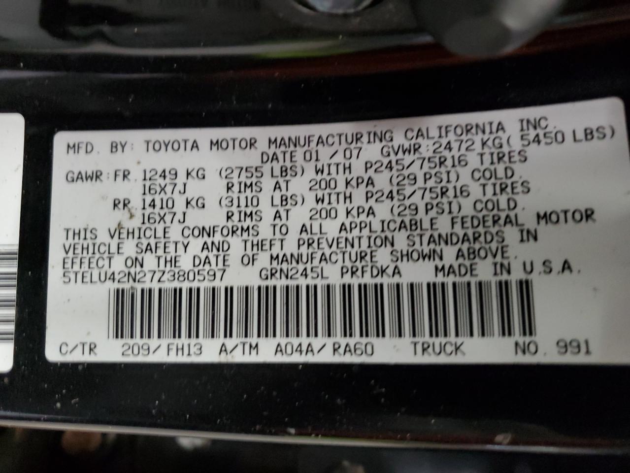 5TELU42N27Z380597 2007 Toyota Tacoma Double Cab