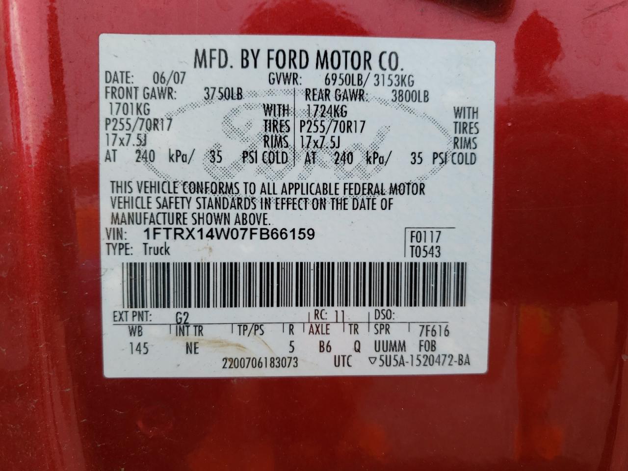 1FTRX14W07FB66159 2007 Ford F150