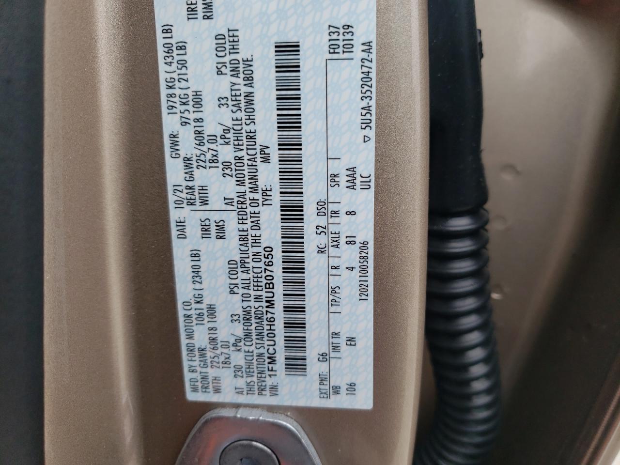 1FMCU0H67MUB07650 2021 Ford Escape Sel