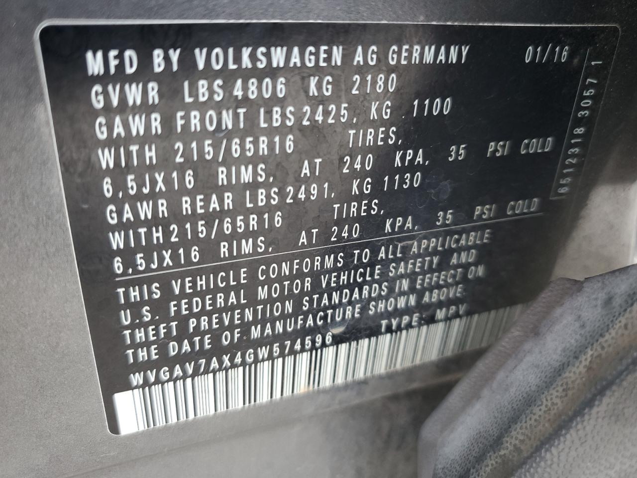 WVGAV7AX4GW574596 2016 Volkswagen Tiguan S