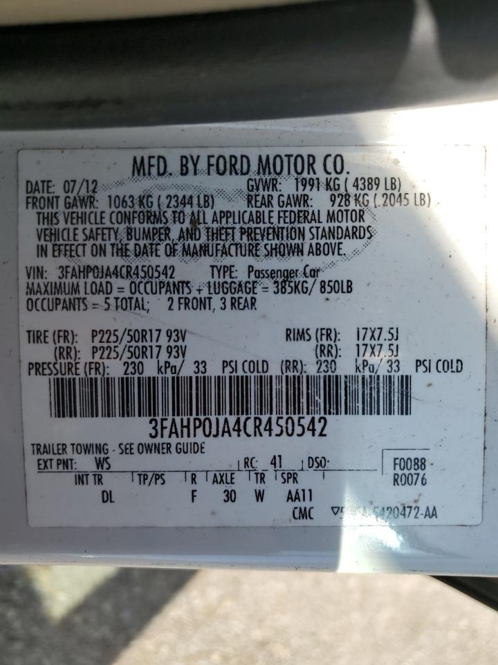 2012 Ford Fusion Sel vin: 3FAHP0JA4CR450542