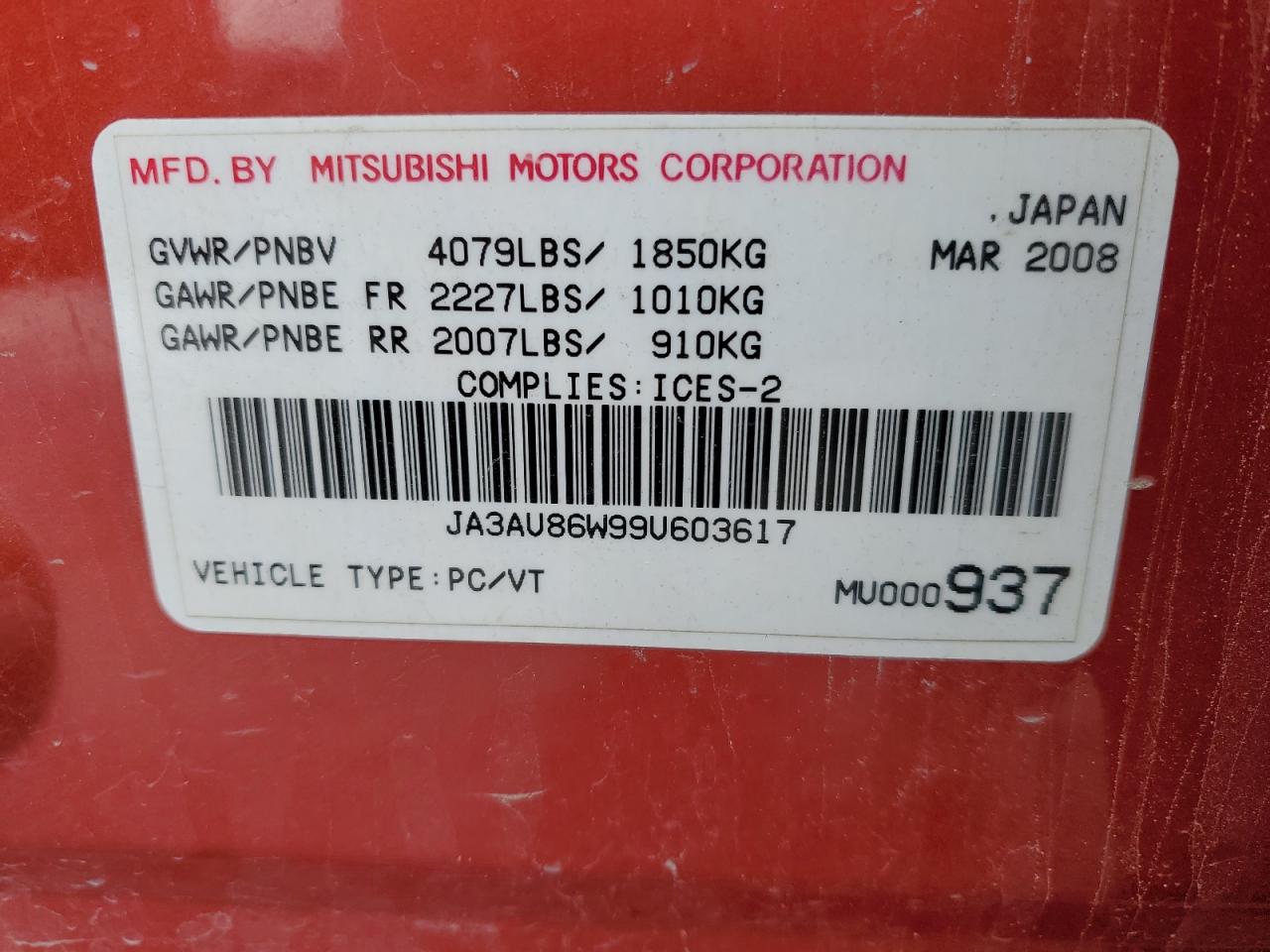 JA3AU86W99U603617 2009 Mitsubishi Lancer Gts