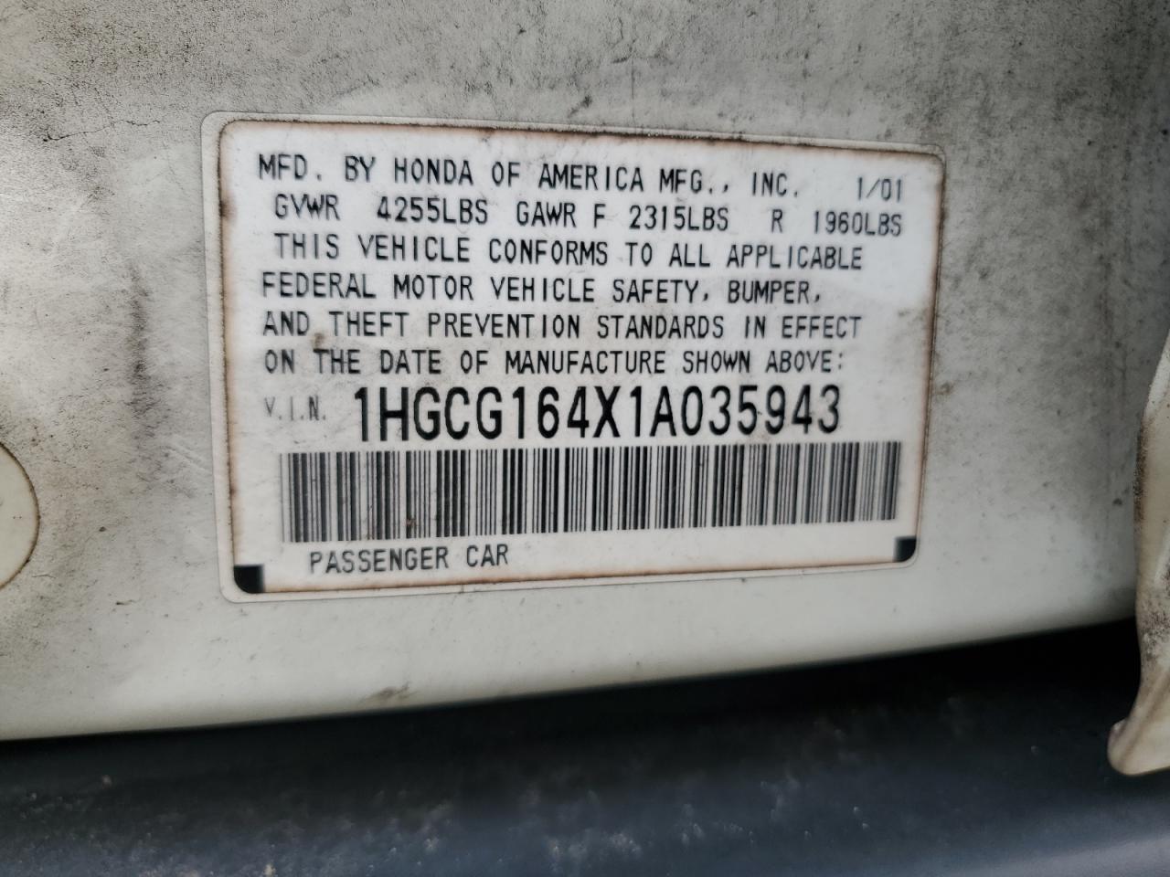 1HGCG164X1A035943 2001 Honda Accord Lx