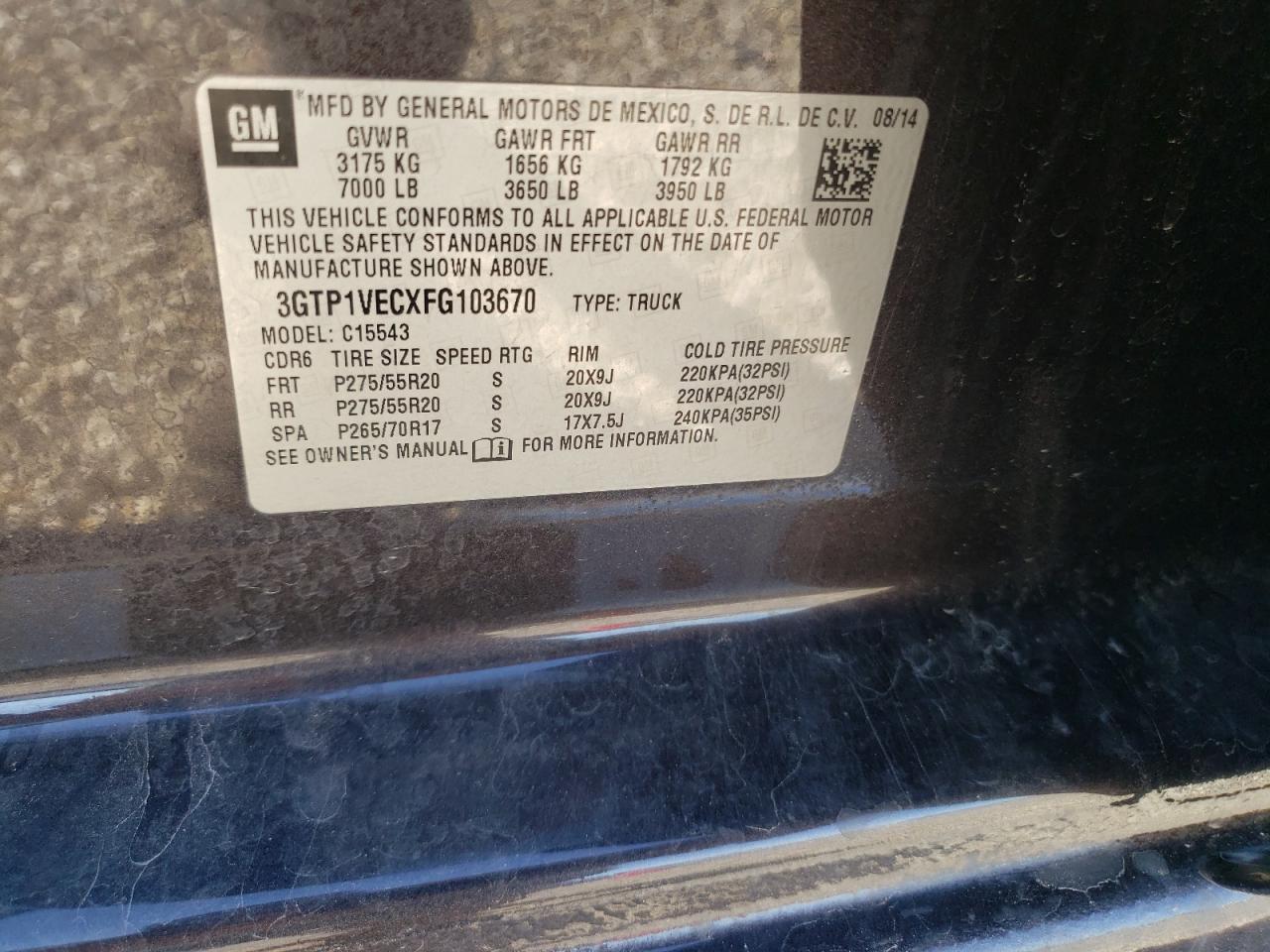 3GTP1VECXFG103670 2015 GMC Sierra C1500 Slt