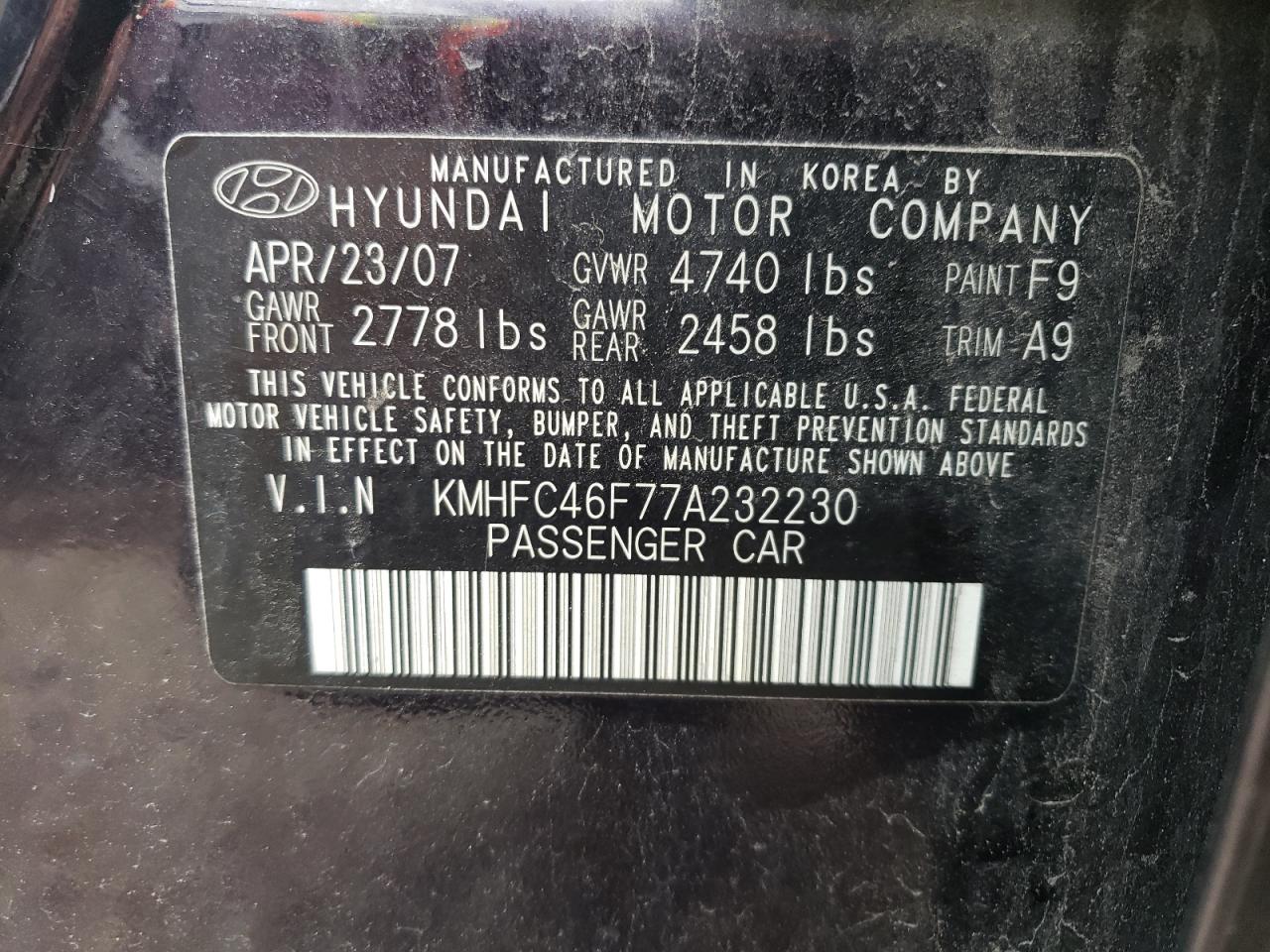 KMHFC46F77A232230 2007 Hyundai Azera Se