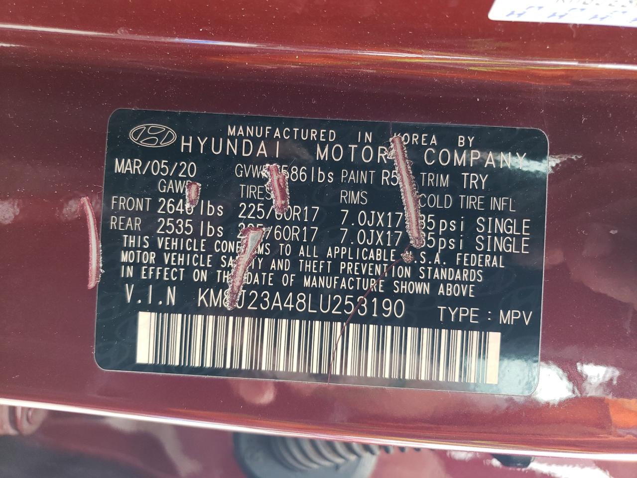 KM8J23A48LU253190 2020 Hyundai Tucson Se