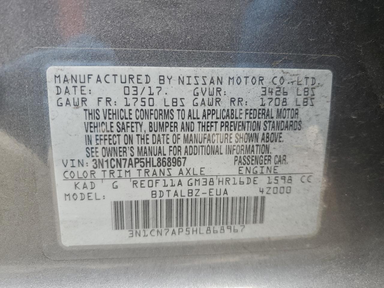 3N1CN7AP5HL868967 2017 Nissan Versa S