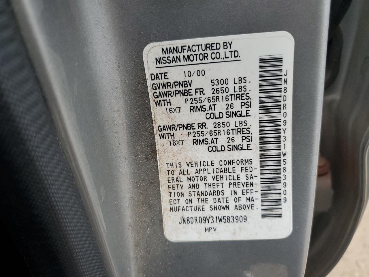 JN8DR09Y31W583909 2001 Nissan Pathfinder Le