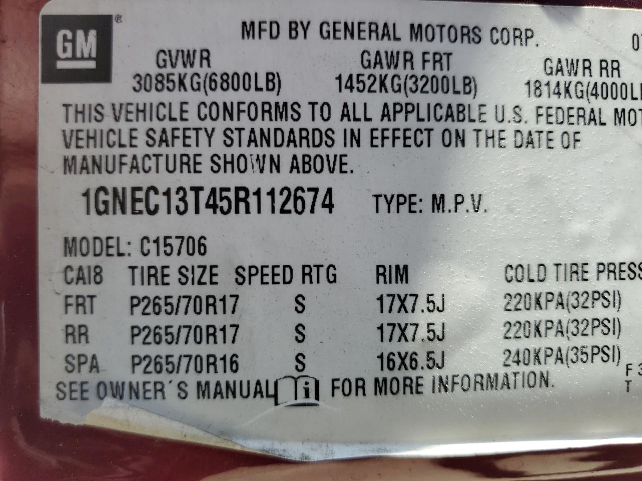 1GNEC13T45R112674 2005 Chevrolet Tahoe C1500