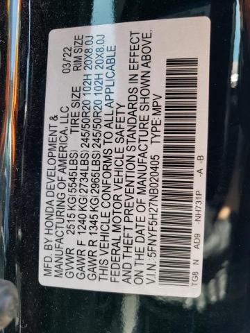 2022 Honda Pilot Se VIN: 5FNYF5H27NB020405 Lot: 53960834