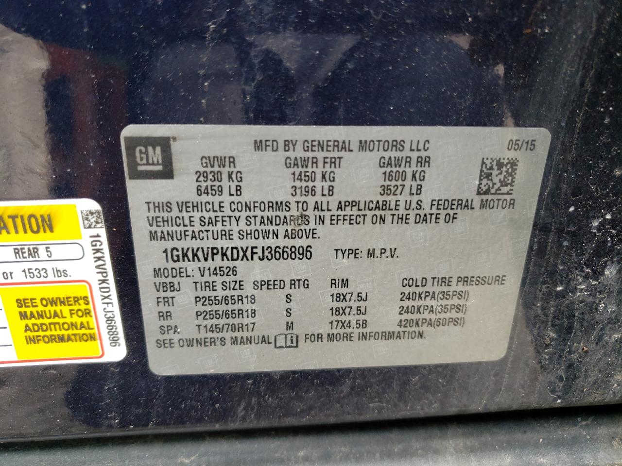 1GKKVPKDXFJ366896 2015 GMC Acadia Sle