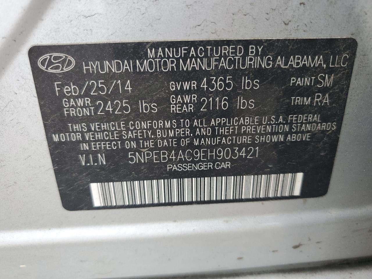 5NPEB4AC9EH903421 2014 Hyundai Sonata Gls