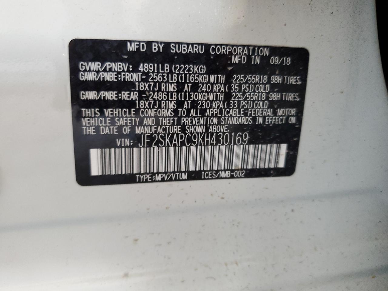 JF2SKAPC9KH430169 2019 Subaru Forester Sport