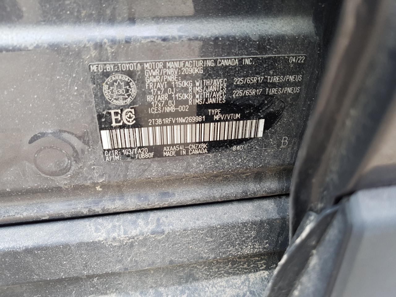 2T3B1RFV1NW269981 2022 Toyota Rav4 Le