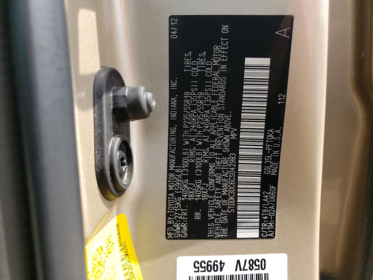 5TDDK3DC6CS042983 2012 Toyota Sienna Xle