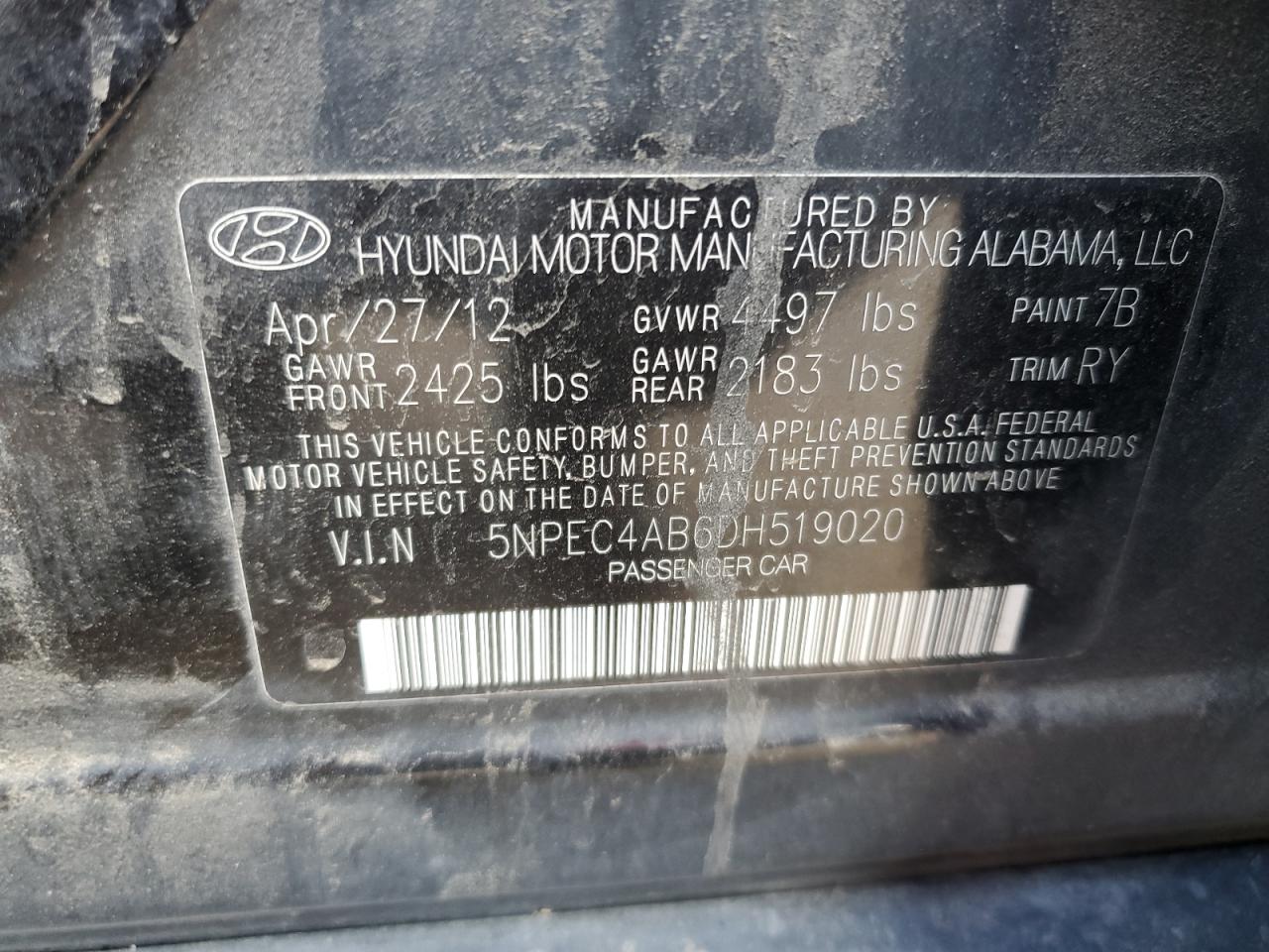 5NPEC4AB6DH519020 2013 Hyundai Sonata Se