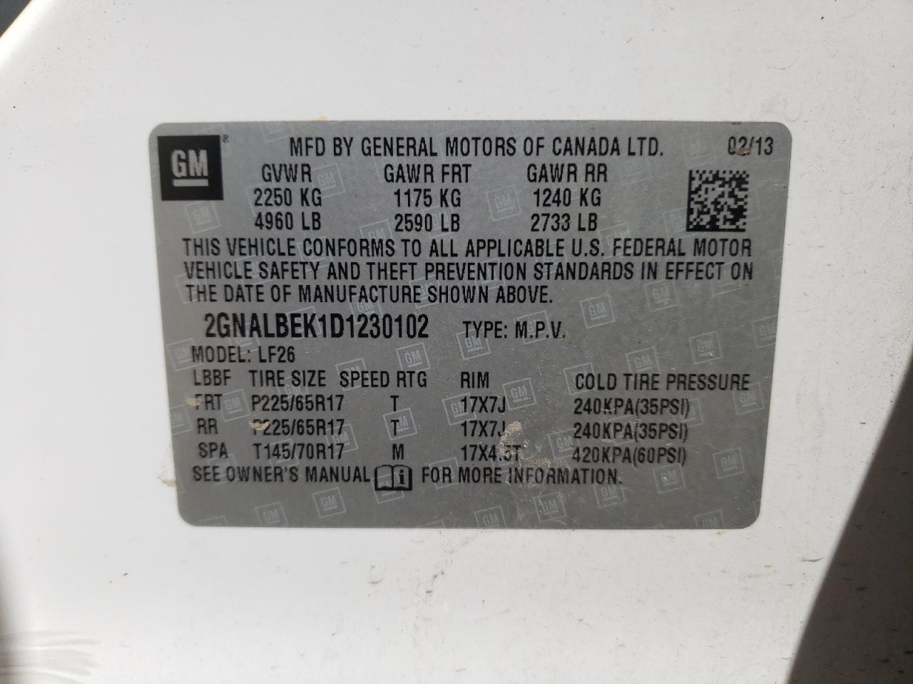 2GNALBEK1D1230102 2013 Chevrolet Equinox Ls