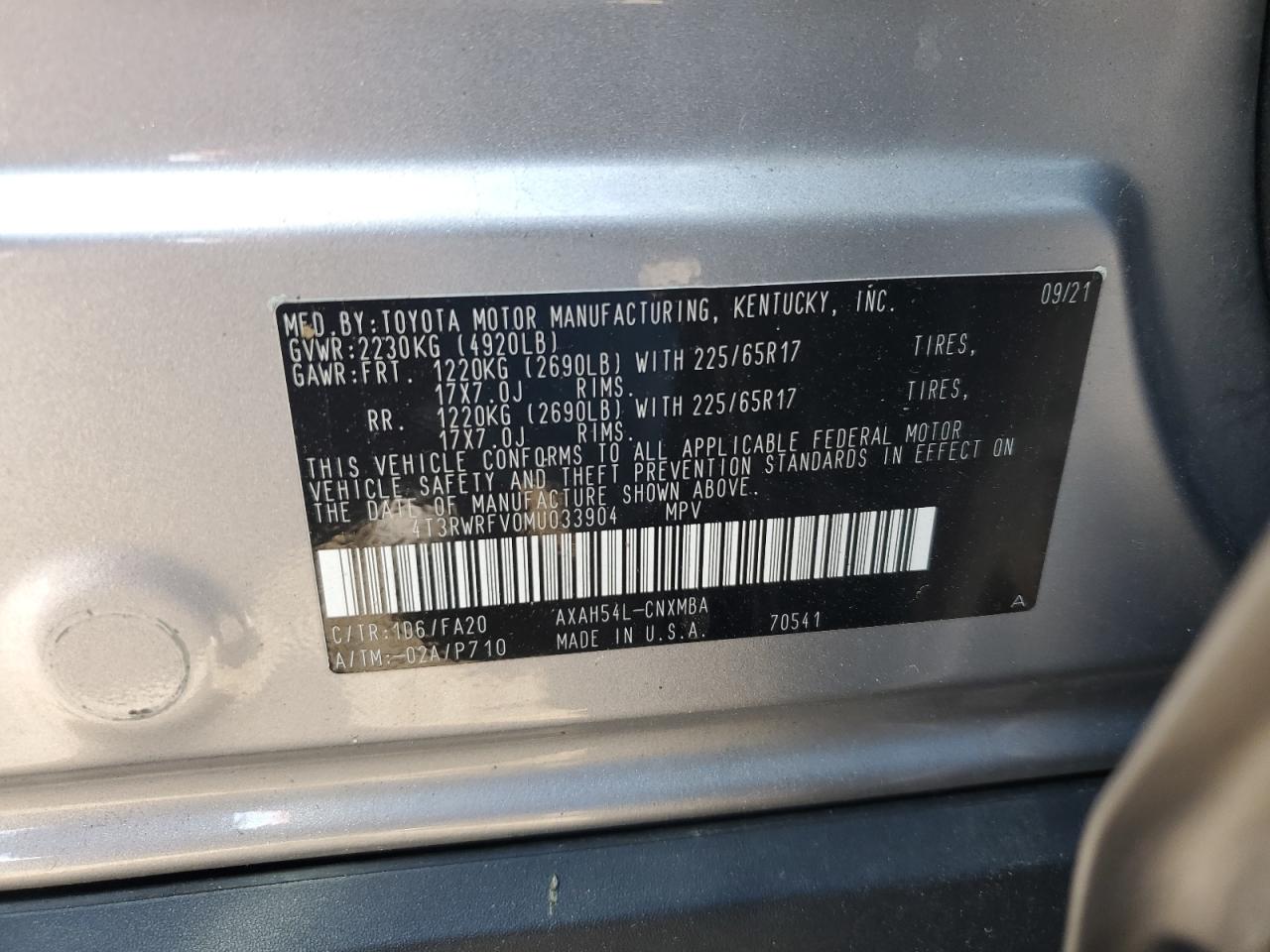 4T3RWRFV0MU033904 2021 Toyota Rav4 Xle