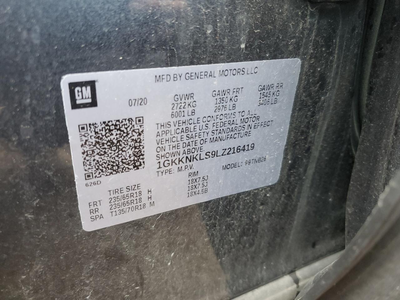 1GKKNKLS9LZ216419 2020 GMC Acadia Sle