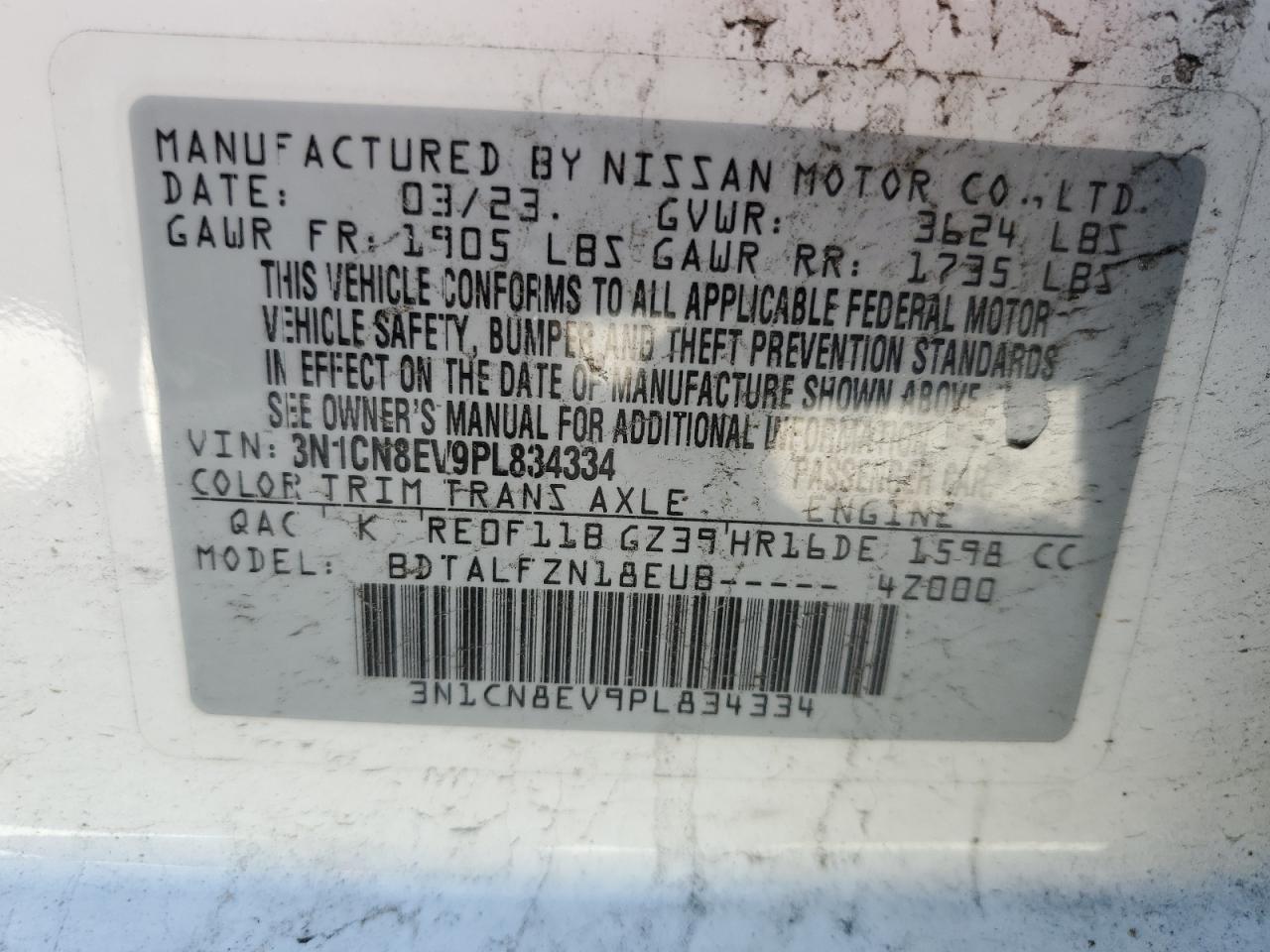 3N1CN8EV9PL834334 2023 Nissan Versa Sv