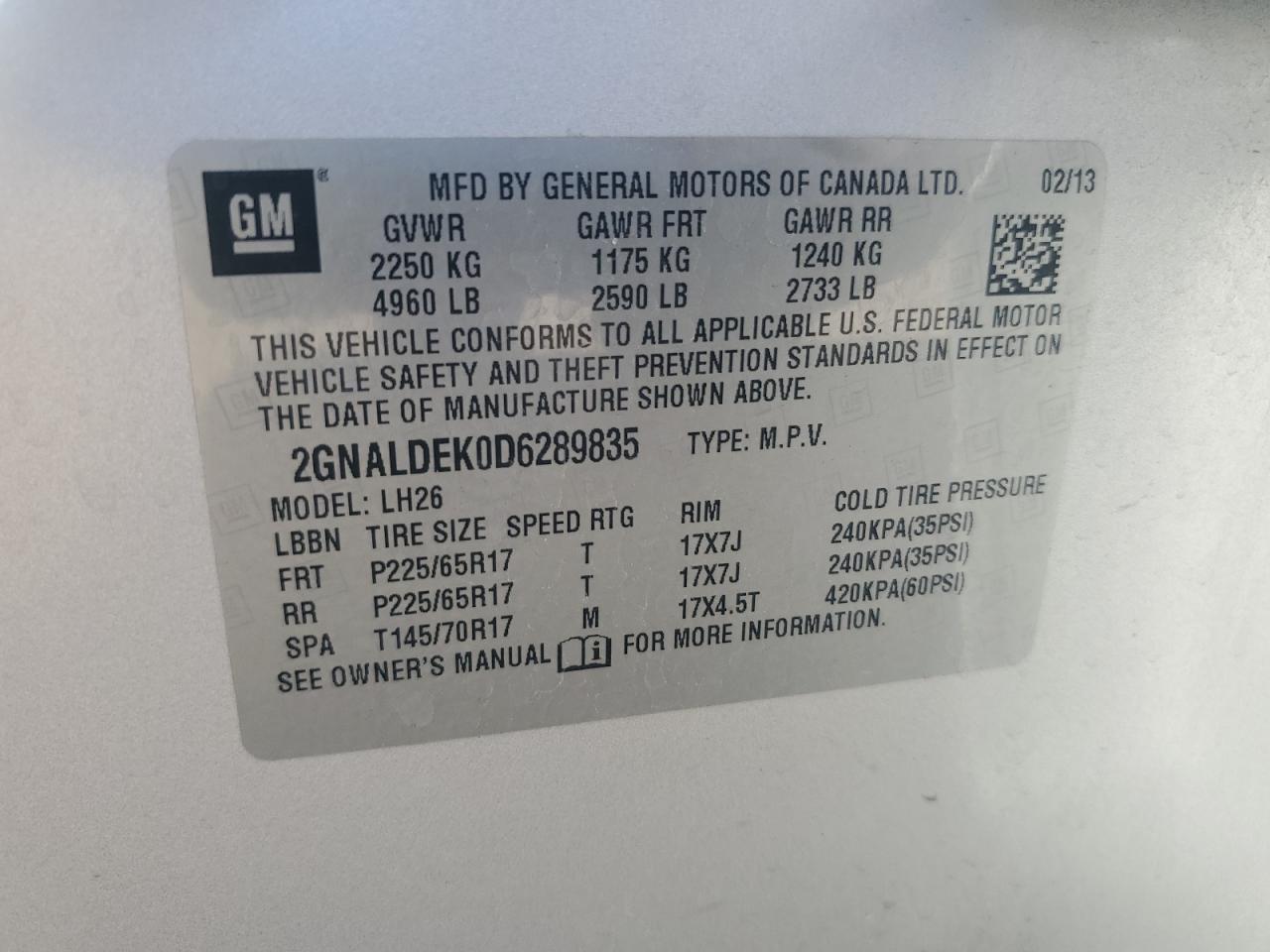 2GNALDEK0D6289835 2013 Chevrolet Equinox Lt