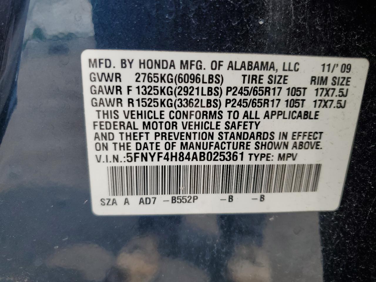 5FNYF4H84AB025361 2010 Honda Pilot Touring