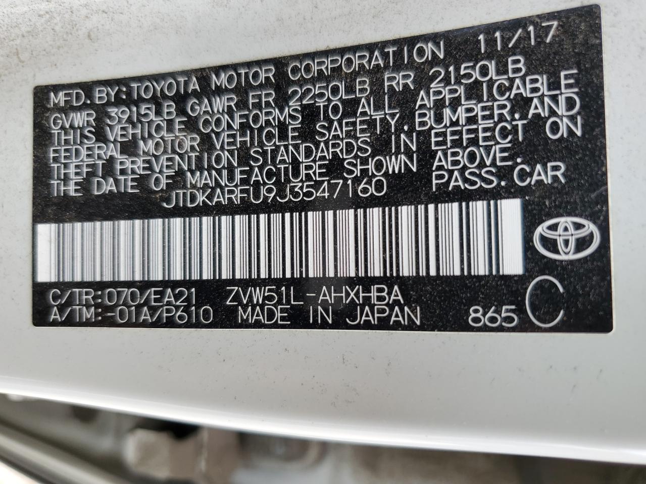 JTDKARFU9J3547160 2018 Toyota Prius
