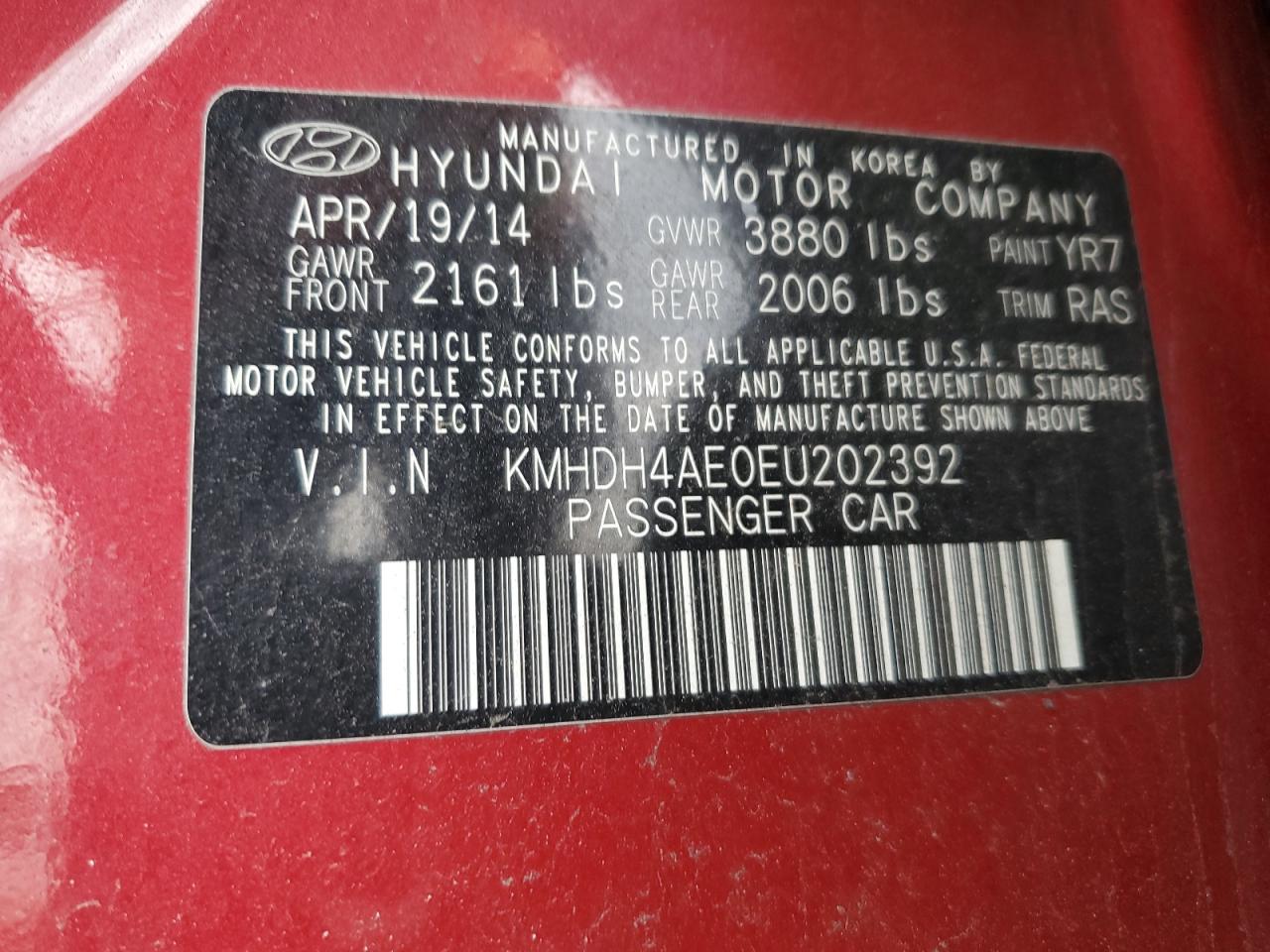 KMHDH4AE0EU202392 2014 Hyundai Elantra Se