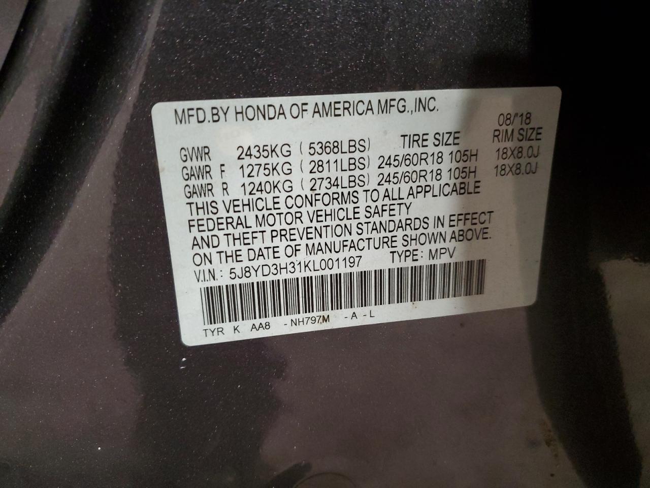 5J8YD3H31KL001197 2019 Acura Mdx