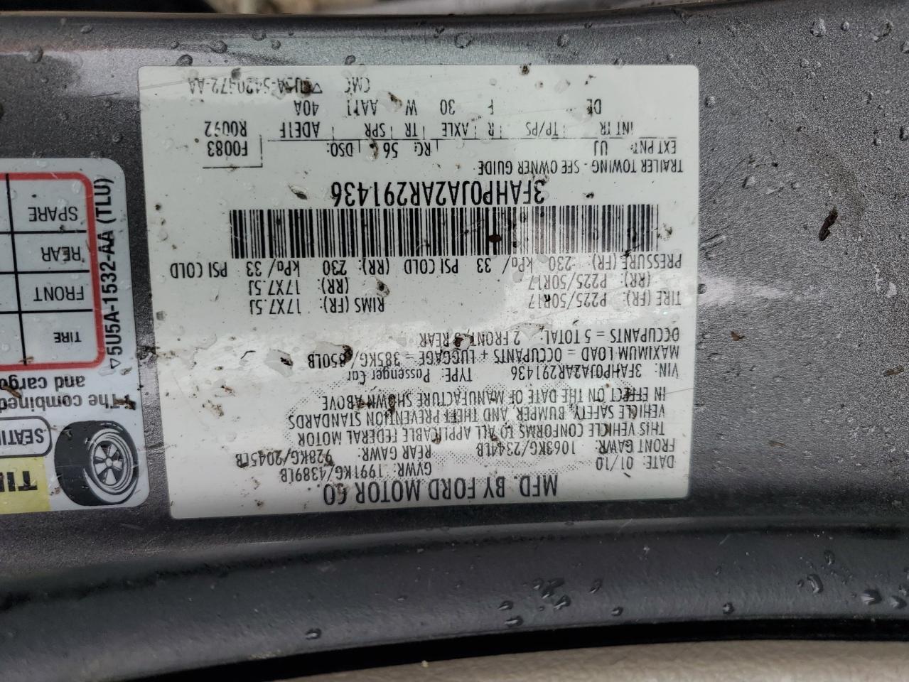 3FAHP0JA2AR291436 2010 Ford Fusion Sel