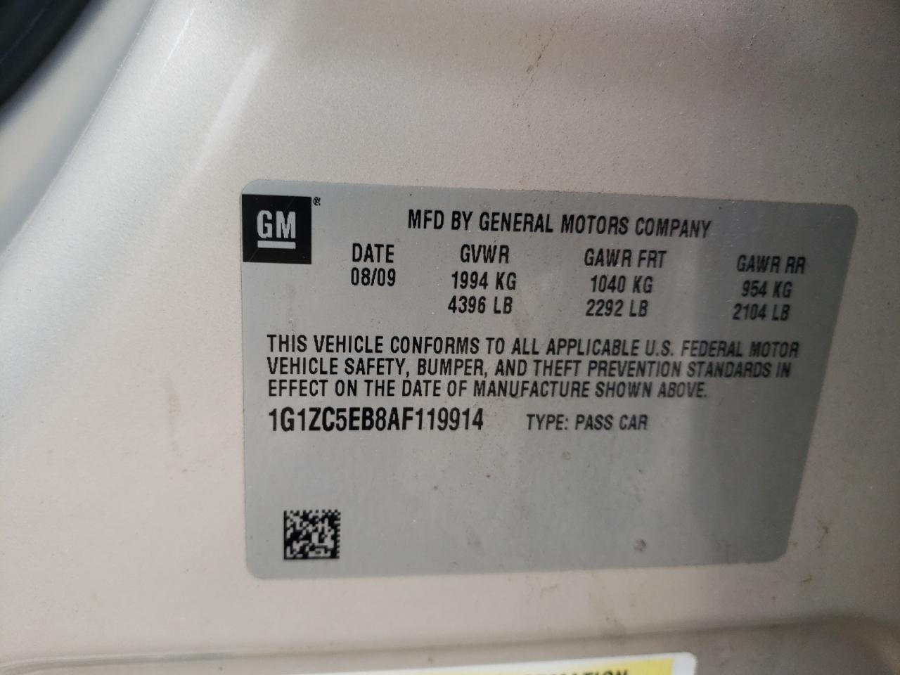 1G1ZC5EB8AF119914 2010 Chevrolet Malibu 1Lt