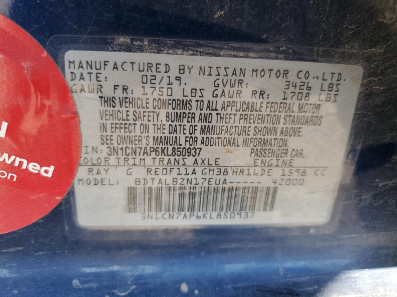 3N1CN7AP6KL850937 2019 Nissan Versa S