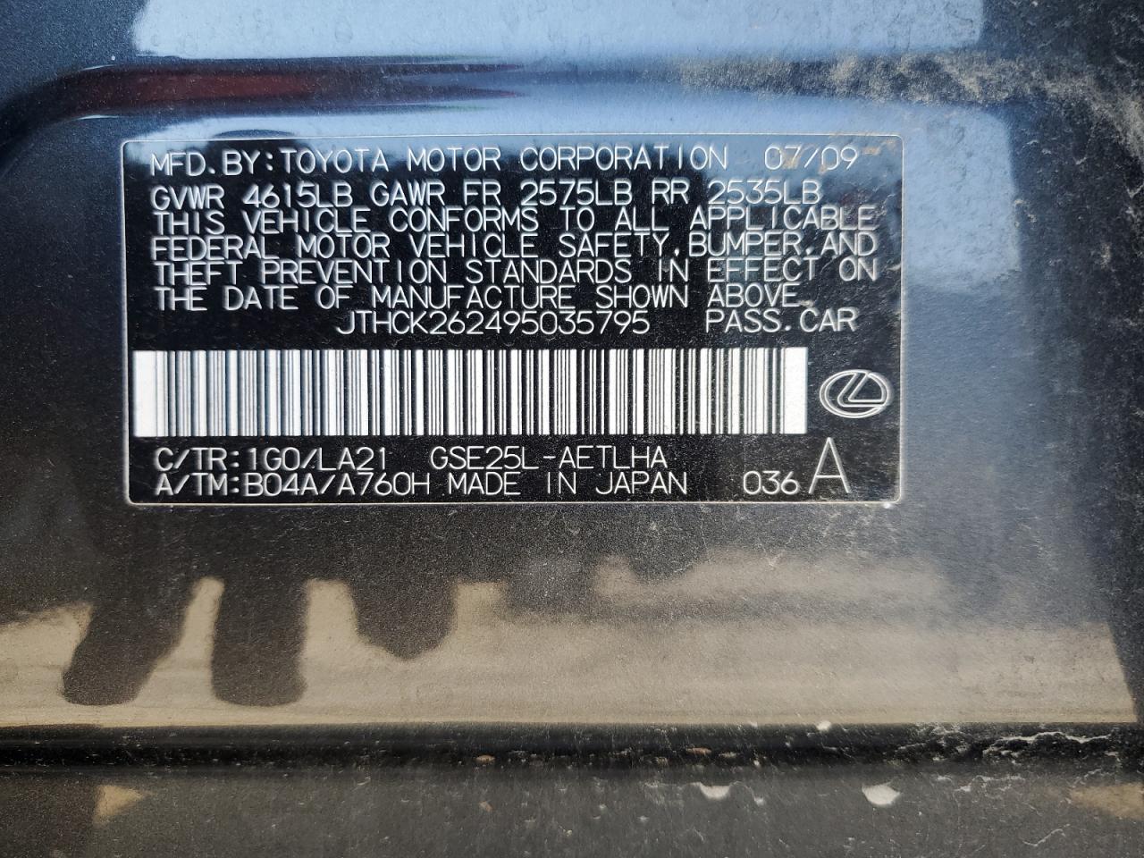 JTHCK262495035795 2009 Lexus Is 250