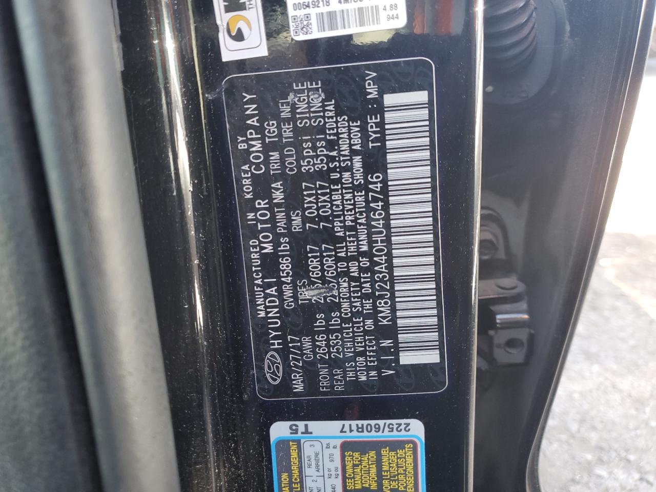 KM8J23A40HU464746 2017 Hyundai Tucson Se