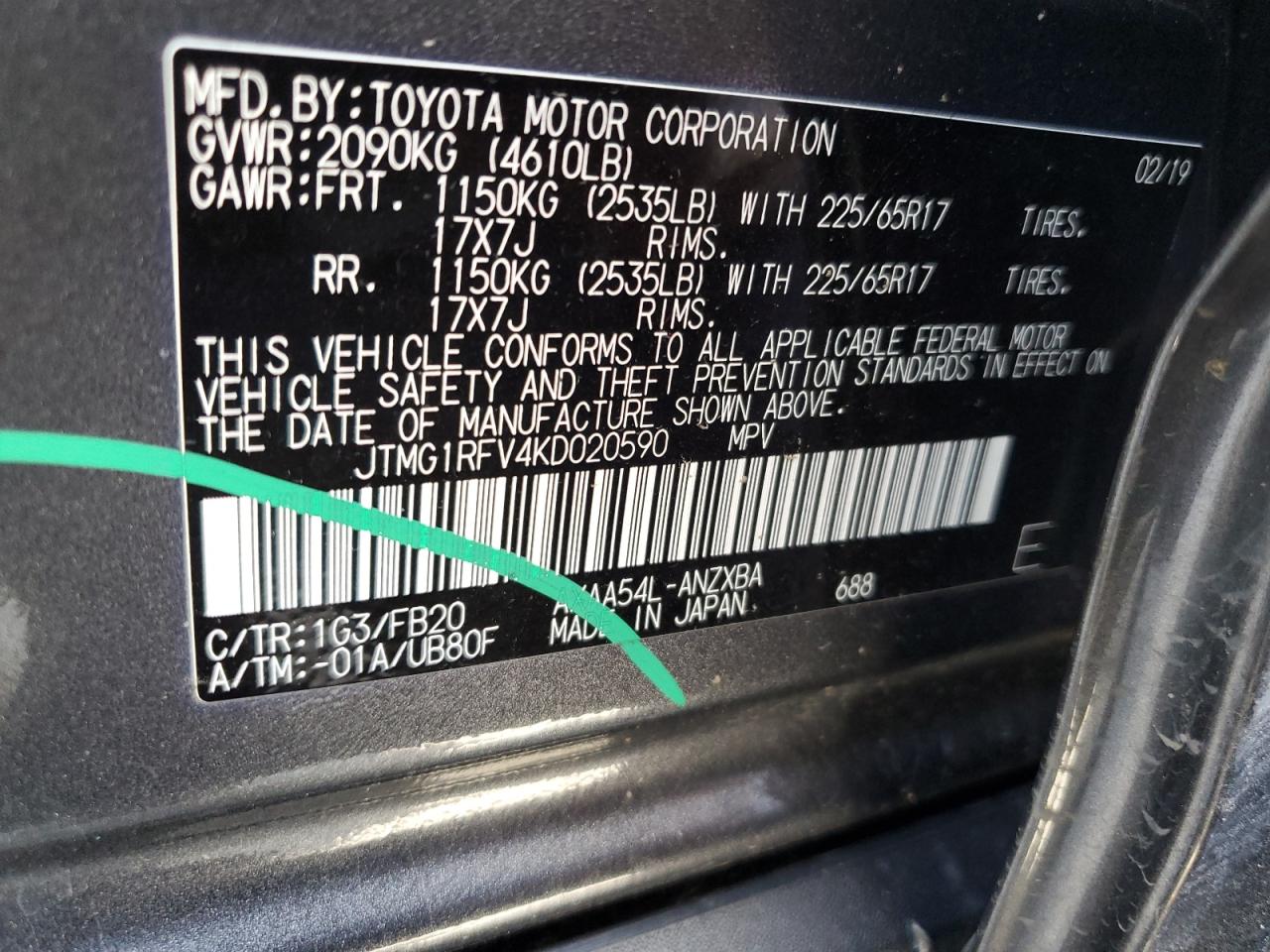 JTMG1RFV4KD020590 2019 Toyota Rav4 Le