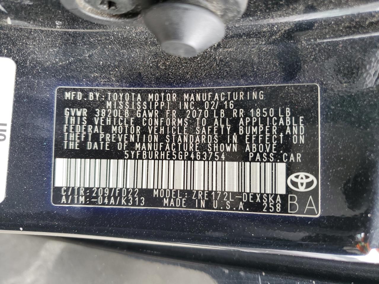 5YFBURHE5GP463754 2016 Toyota Corolla L