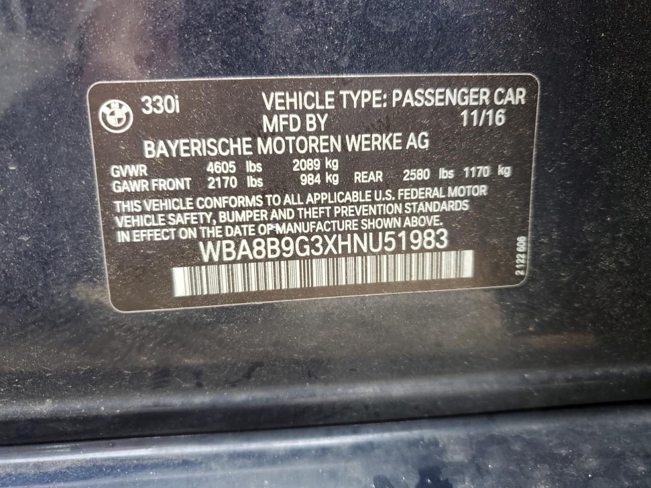 WBA8B9G3XHNU51983 2017 BMW 330 I