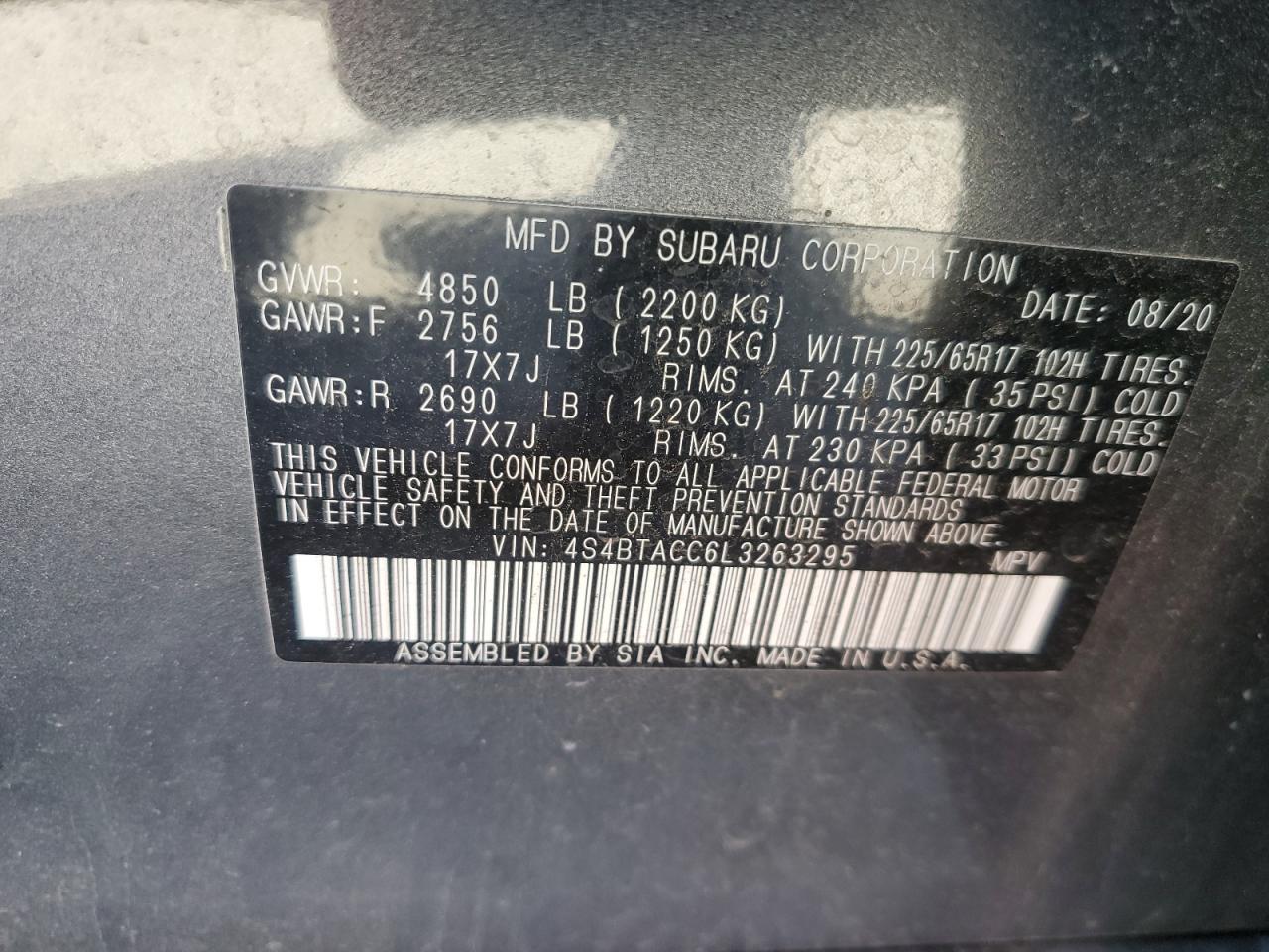 4S4BTACC6L3263295 2020 Subaru Outback Premium