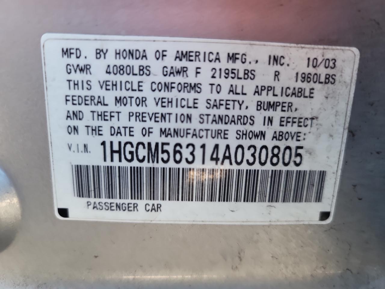 1HGCM56314A030805 2004 Honda Accord Lx