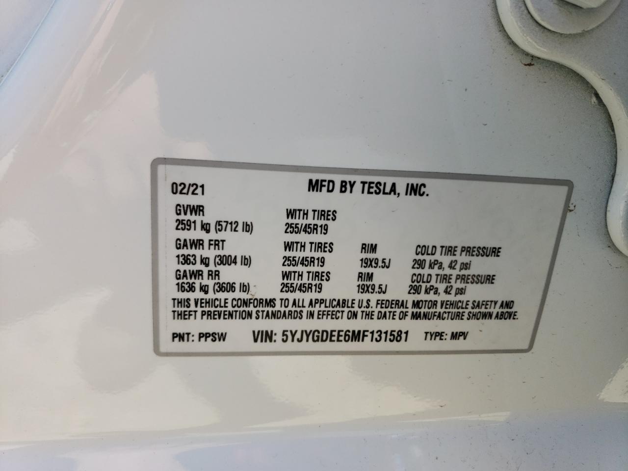 5YJYGDEE6MF131581 2021 Tesla Model Y