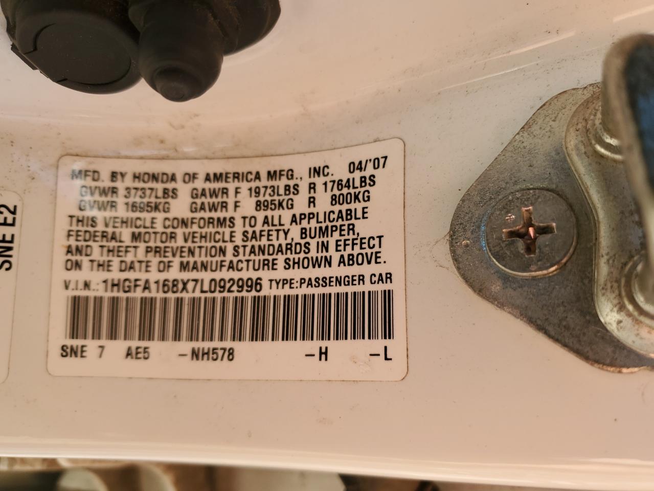 1HGFA168X7L092996 2007 Honda Civic Ex