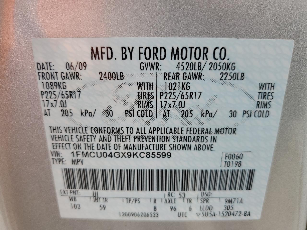 1FMCU04GX9KC85599 2009 Ford Escape Limited