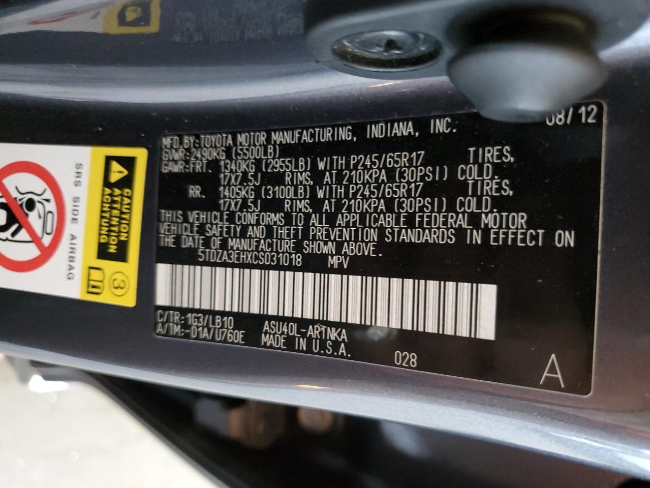 5TDZA3EHXCS031018 2012 Toyota Highlander Base