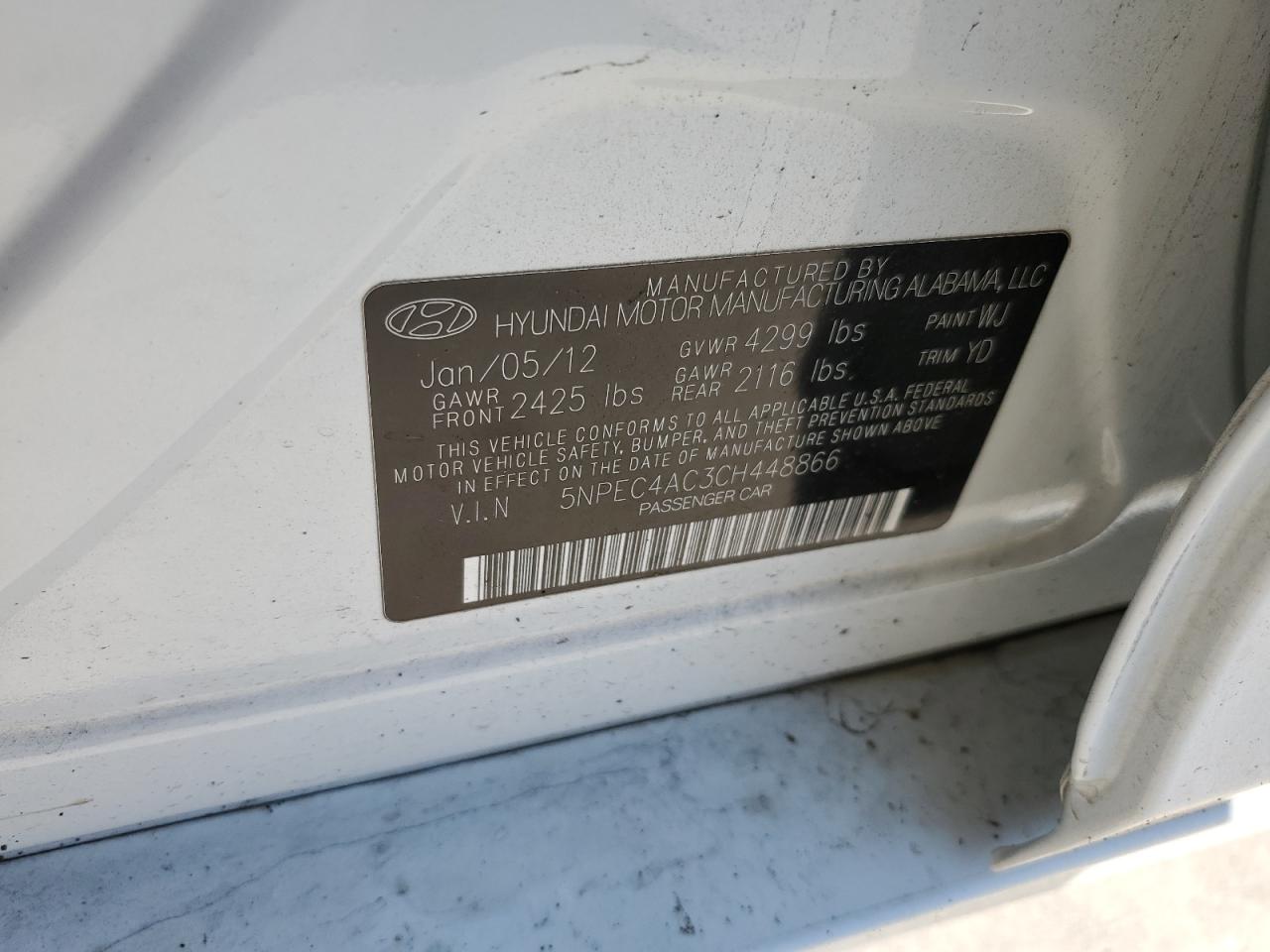 5NPEC4AC3CH448866 2012 Hyundai Sonata Se