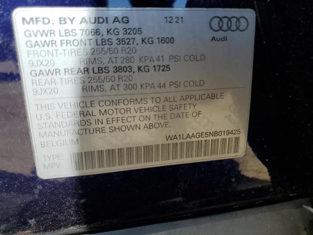 2022 Audi E-Tron Premium Plus VIN: WA1LAAGE5NB019425 Lot: 55284564