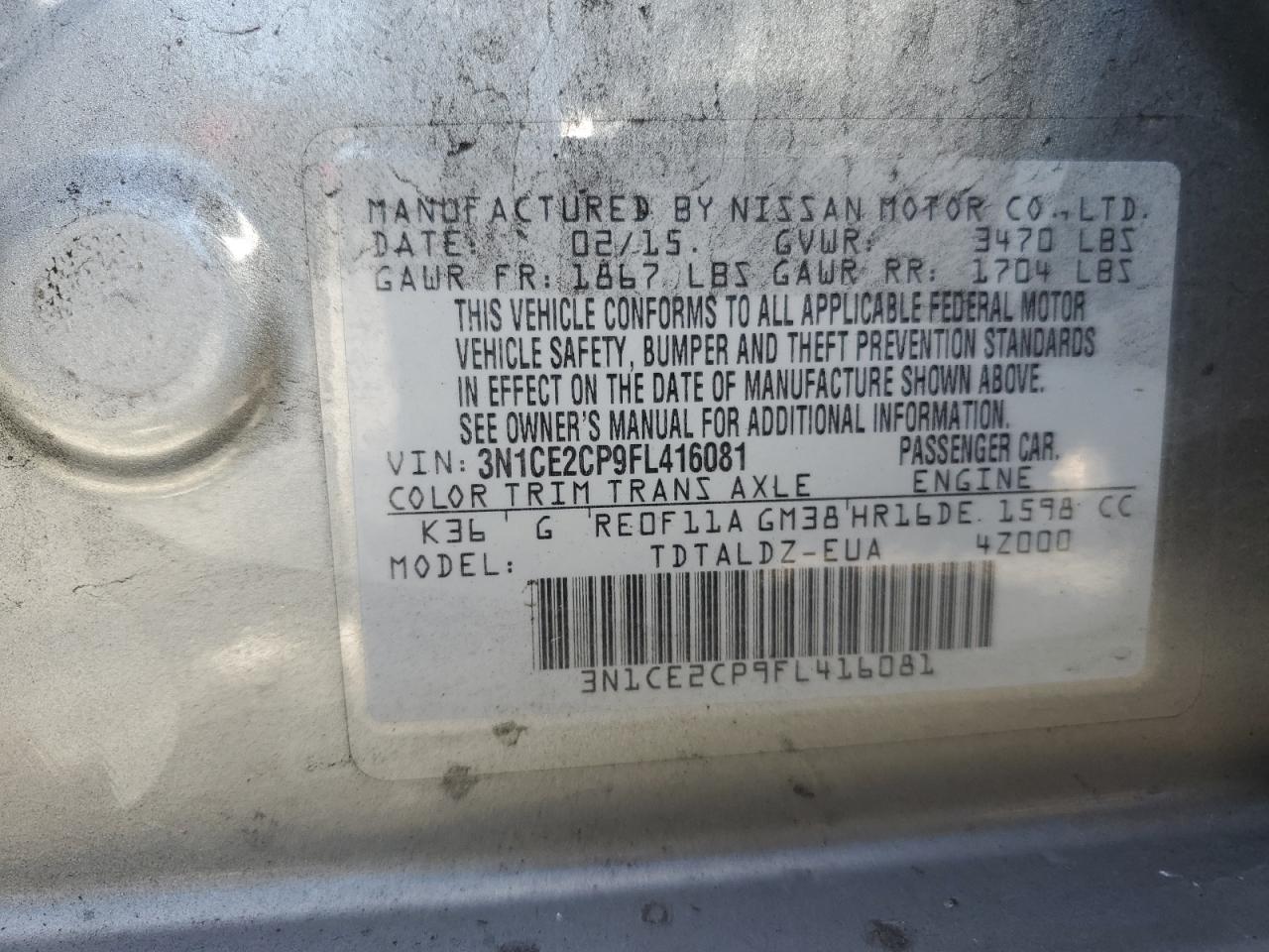 3N1CE2CP9FL416081 2015 Nissan Versa Note S