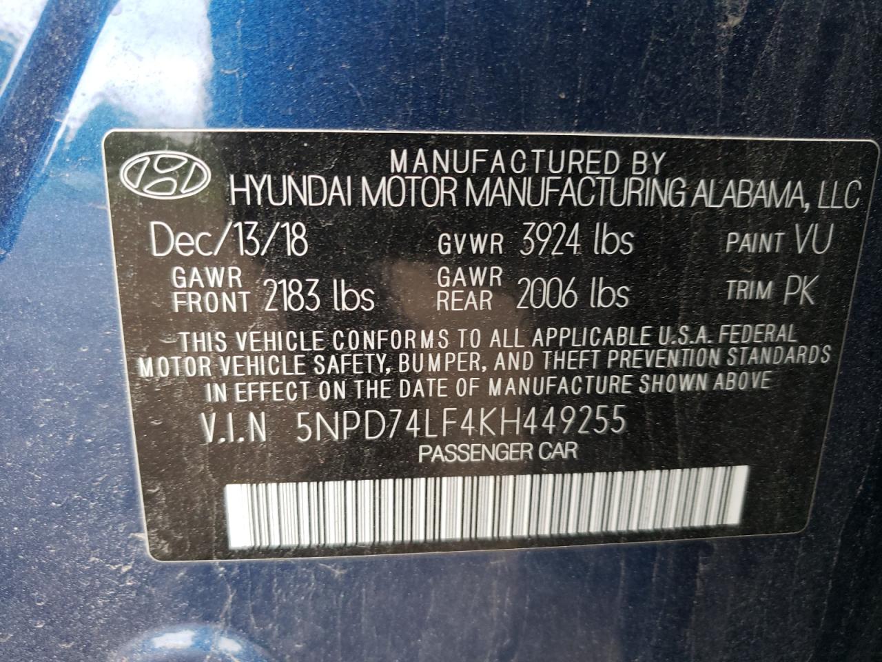 5NPD74LF4KH449255 2019 Hyundai Elantra Se