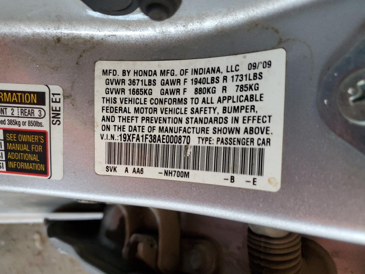 19XFA1F38AE000870 2010 Honda Civic Vp