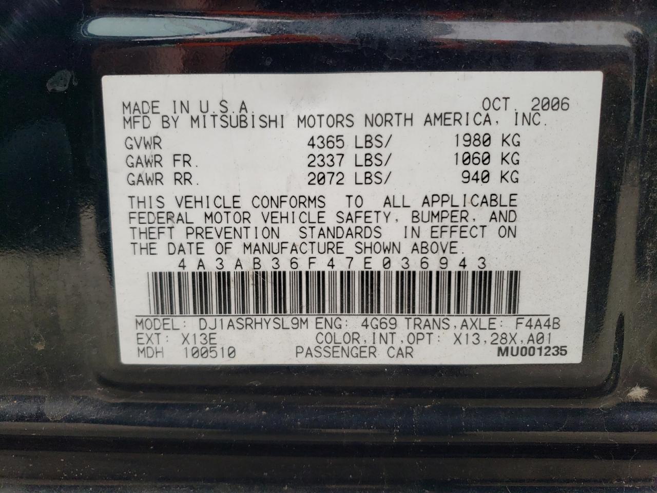 4A3AB36F47E036943 2007 Mitsubishi Galant Es